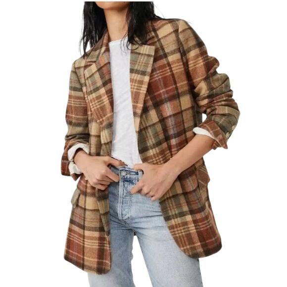Free People Mari Plaid Boxy Blazer Oversized Brown Wool Blend Jacket XL NWT - Picture 1 of 12